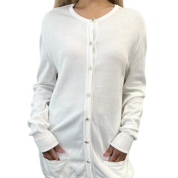 CHANEL Vintage 96P CC Logo Cardigan Top Button Pocket White Cotton Long [106303] - Picture 1 of 11